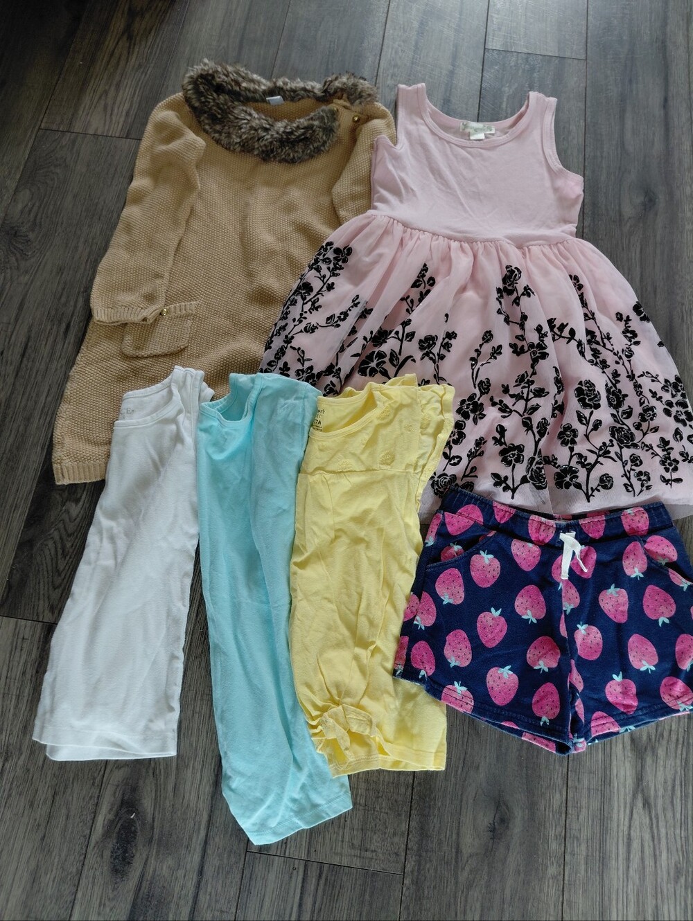 Girls Pink Floral Overlay Dress W/Mixed Tops & Strawberry Shorts Bundle Sz 7/8